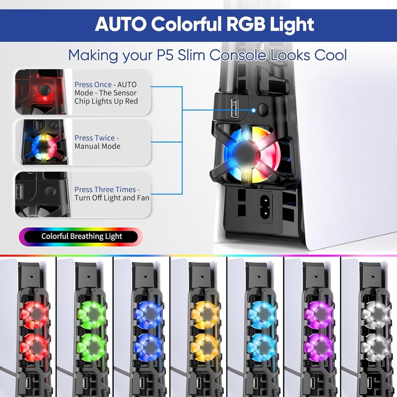 FASTSNAIL RGB Cooling Fan for PS5 Slim Console, Automatic Fan Speed Adjustable by Temperature, Auto Power On/Off, Low Noise Cooling System with RGB LED, USB 3.0 Port, 3 Fans for PS5 Slim - Image 2